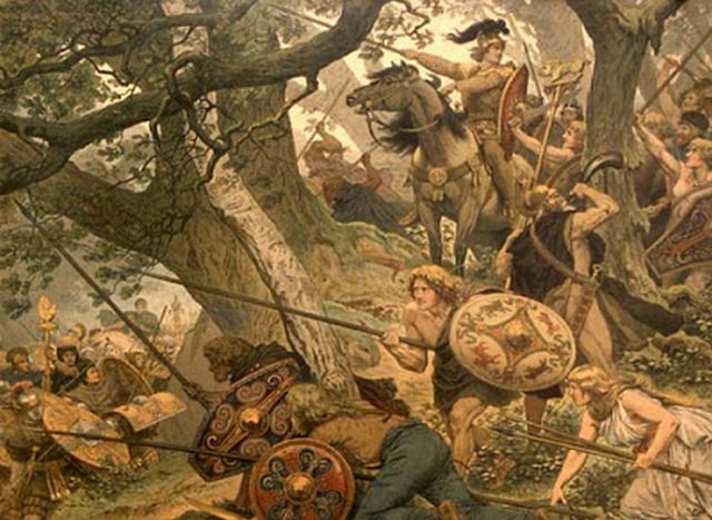 Hermann Knackfuss - La valanga germanica guidata da Hermann (Arminius) contro tre legioni romane nelle fitte foreste di Teutoburgo