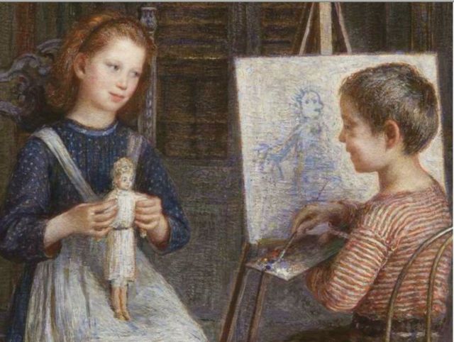 Emilio Longoni 1859 – 1932 pittore italiano - Ritratto alla bambola olio su tela