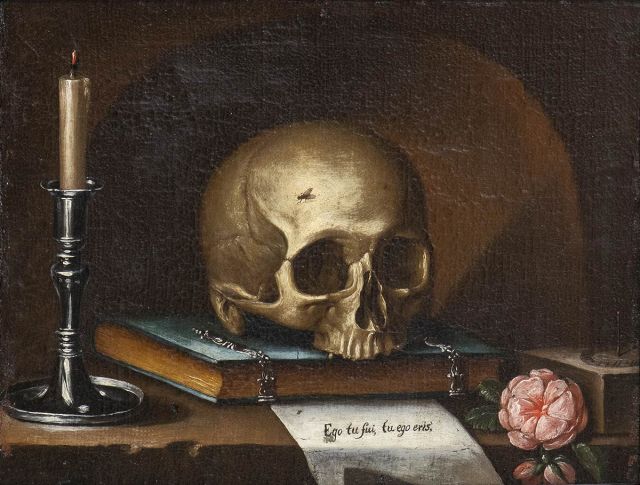 Guercino - Natura morta di Vanitas con teschio, libro, candela e rosa