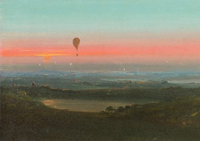 Ippolito Caffi, "Ascensione in mongolfiera nella campagna romana", 1847, olio su carta, Musei civici di Treviso'