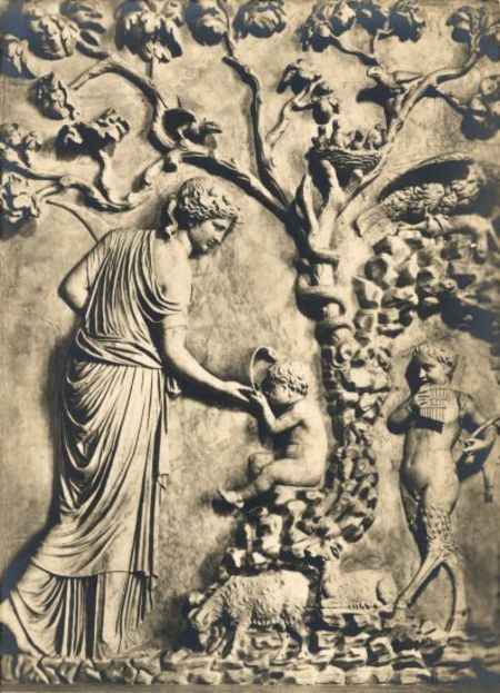 La ninfa Leucotea e Bacco fanciullo, bassorilievo, antica roma, VIII a.C.