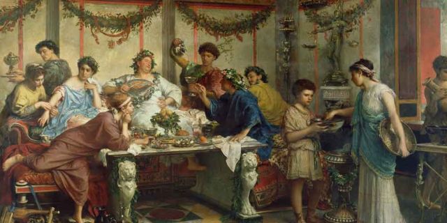 Un esempio di pasto in epoca romana da un dipinto di Roberto Bompiani, conservato al Getty Museum