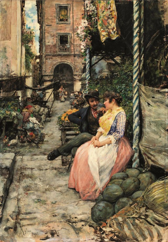 Vincenzo Migliaro (Napoli 1858 - 1938), Vecchia Napoli o Mercato Spagnolo, olio su tavola