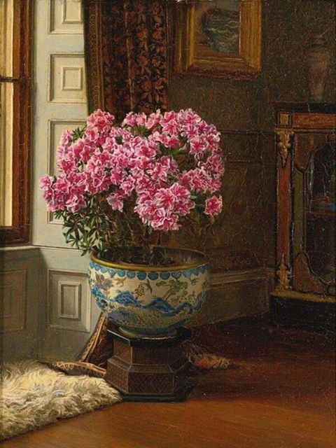 Jessica Hayllar (British, 1858–1940). A double pink azalea. oil on panel