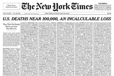 New York Times, in prima pagina i nomi delle vittime del Covid